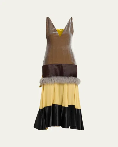 Marni Striped Mixed-media Shawl Midi Dress In Multi