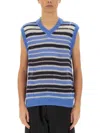 Marni Mens Striped-print V-neck Relaxed-fit Wool-blend Vest Blue Lilac