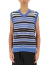 Marni Mens Striped-print V-neck Relaxed-fit Wool-blend Vest Blue Lilac In Multicolor