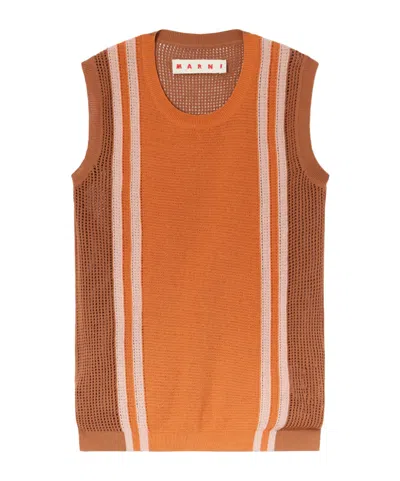 Marni Striped Open-knit Crocheted Cotton Tank In Brown