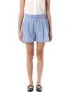 Marni Embroidered Poplin Shorts With Pleated Waistband In Blue Stripes