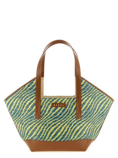 Marni Striped Polyamide And Leather Tote Bag In Blue