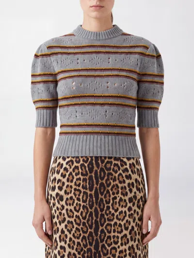 Marni Striped Pure Cashmere Jumper With Puff Sleeves In Gray