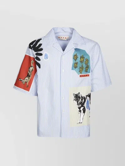 Marni Striped Short Sleeve Shirt With Graphic Patches In White