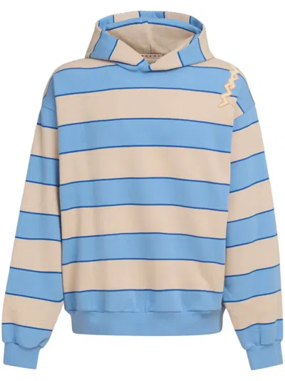 Marni Striped Hooded Sweatshirt Embroidered Detail In Blue