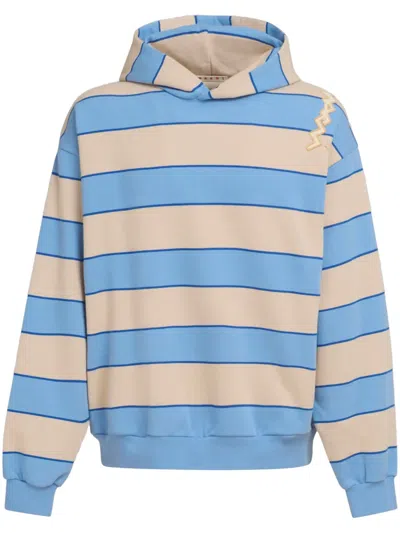 Marni Striped Hooded Sweatshirt Embroidered Detail In Blue
