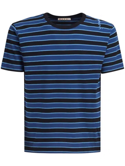 Marni Striped Boxy Cotton T-shirt In Blue