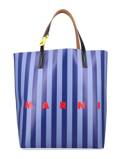 Marni Logo Stripe Tribeca Shopping Bag In Blue