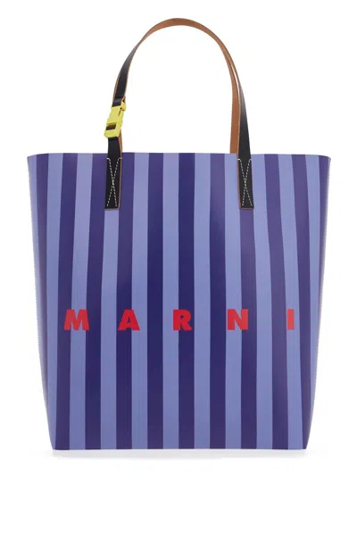 Marni Logo Stripe Tribeca Shopping Bag In Blue