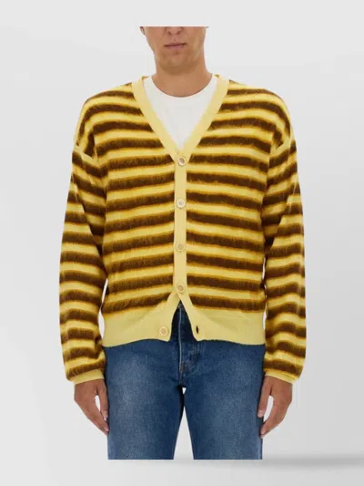 Marni Striped V-neck Knit Cardigan With Ribbed Finish In Multi