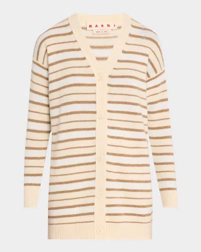 Marni Striped V-neck Wool-cashmere Cardigan In Ivory