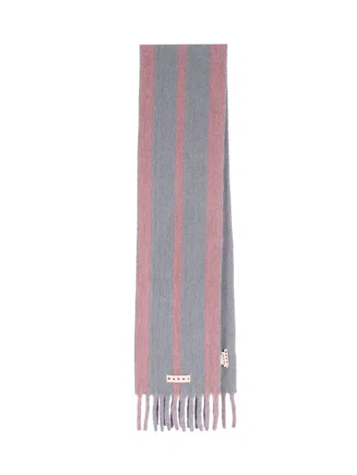 Marni Striped Wool Scarf With Fringe In Pink