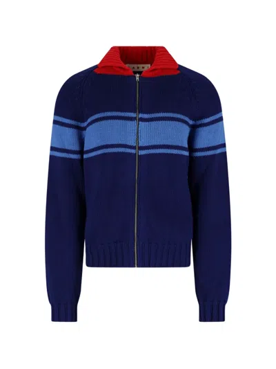 Marni Contrasting Classic Collar Blue Cotton Cardigan By