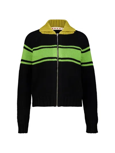 Marni Striped Zip-up Cardigan In Schwarz