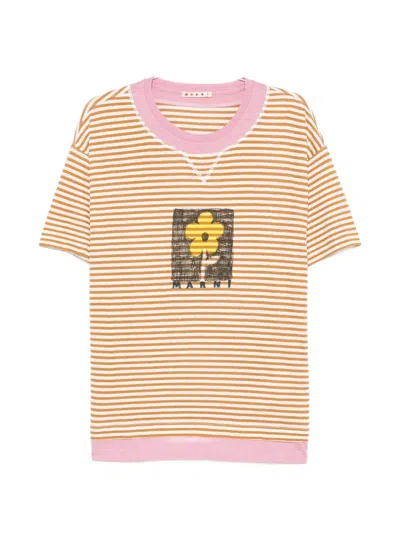 Marni Stripe-pattern Floral-print T-shirt In Brown