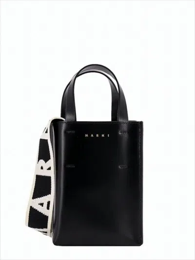 Marni Structured Black Calf Leather Tote Bag In White