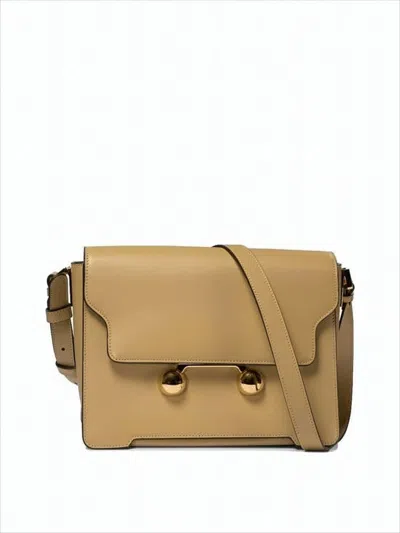 Marni Structured Brown Leather Shoulder Bag With Gold-tone Clasps In White