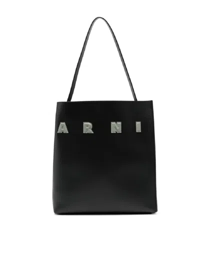 Marni Structured Calf Leather Tote Bag With Design In Black