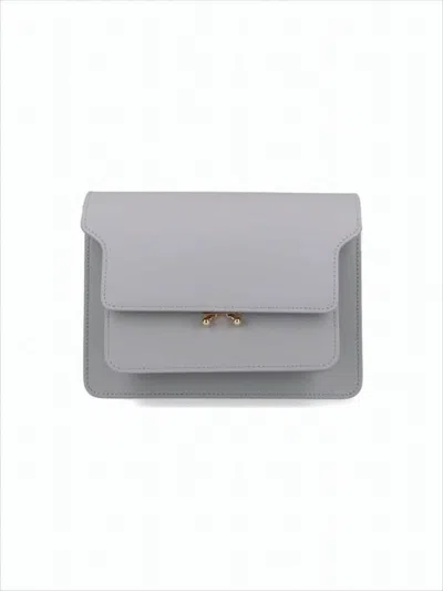 Marni Structured Grey Fabric And Leather Shoulder Bag With Gold Hardware In White