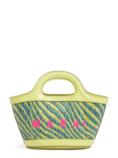 Marni Structured Handbag With Woven Pattern And Embroidered Detail In Green