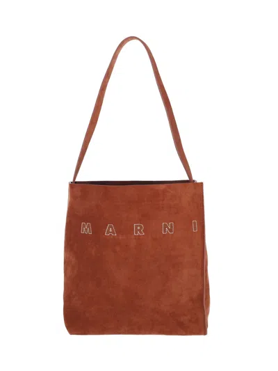 Marni Suede Tote Bag With Embroidered Logo In Brown