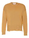 Marni Distressed Long Sleeve Ruffled Neckline Sweater In Brown