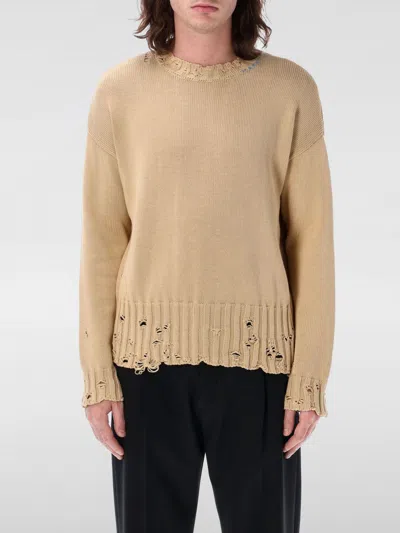 Marni Distressed Crew Neck Knit With Ribbed Hem And Cuffs In Beige
