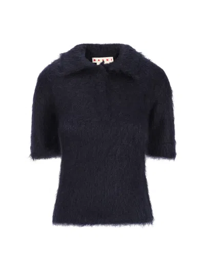 Marni Collared Neck Fuzzy Texture Short Sleeves In Black