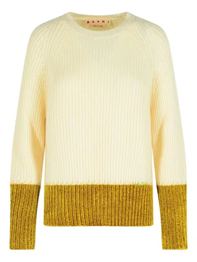 Marni Crewneck Knit Sweater Ribbed Hem In Yellow