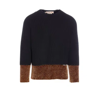 Marni Crewneck Jumper With Contrast Hem And Ribbed Texture In Blue