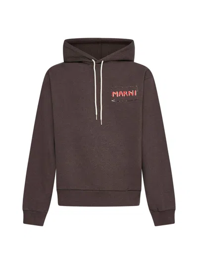 Marni Logo Hoodie Drawstring Hood In Brown