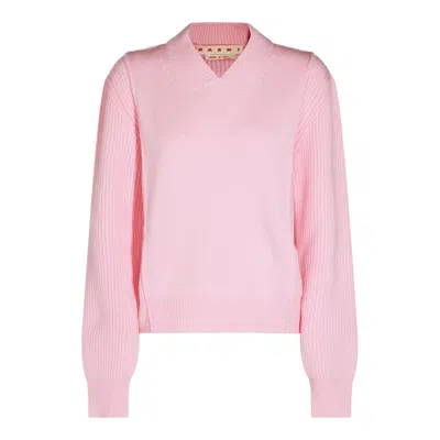 Marni Ribbed-knit V-neck Sweater In Pink