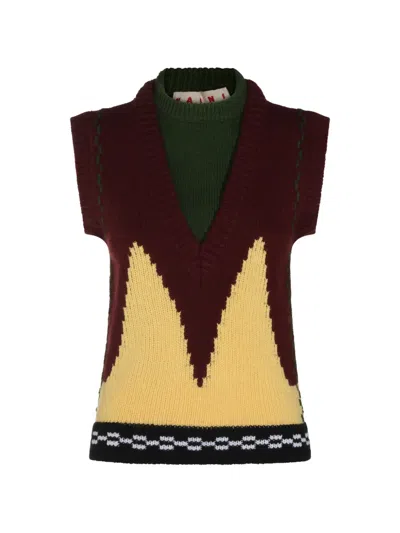 Marni Colorblock Wool Intarsia Sleeveless Top In Burgundy