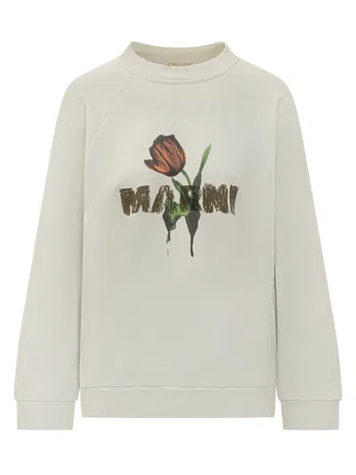 Marni White Cotton Sweatshirt With Tulip Print
