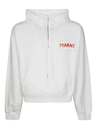 Marni Relaxed-fit White Hoodie With Embroidered Logo Patch In Red