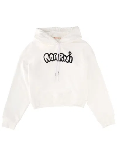 Marni White Cropped Hooded Sweatshirt In Multi