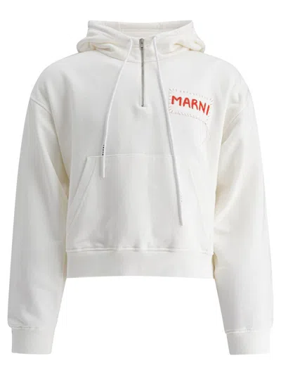 Marni Relaxed-fit White Hoodie With Embroidered Logo Patch In Red