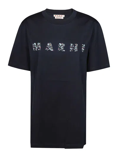 Marni Floral Logo Print Cotton Jersey T-shirt In Blue