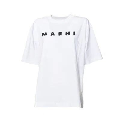 Marni T-shirt Boxy In Jersey Bianco Con Logo Scribbled In White