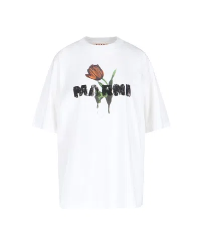 Marni T-shirt In Cotone Bianco Con Stampa Tulipani In White