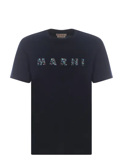 Marni Floral Logo Print Cotton Jersey T-shirt In Blue