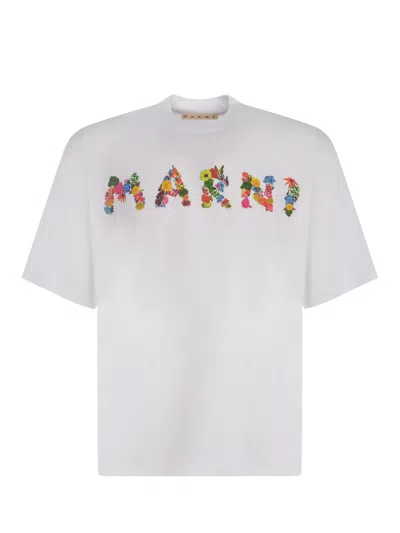 Marni Floral Logo-print Cotton T-shirt In White