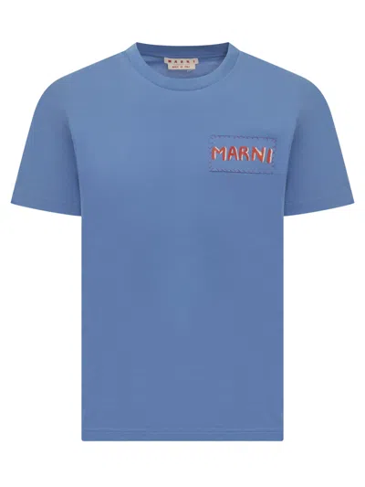 Marni Logo Label Crewneck Cotton T-shirt In Blue