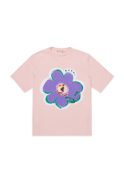Marni Kids Floral Printed Crewneck T-shirt In Pink