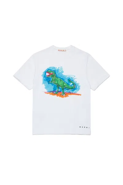 Marni Kids' T-shirt With Dinosaur Print And Logo In White