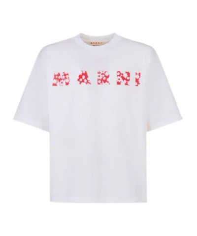Marni T-shirt With Red Pop Fields  Logo In Lily White