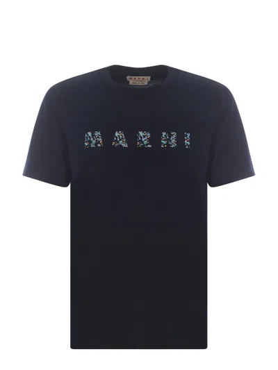 Marni Floral Logo Print Cotton Jersey T-shirt In Blue