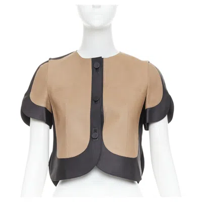 Pre-owned Marni Tan Black Calf Leather Curved Panel Petal Sleeves Cropped Jacket It38 Xs