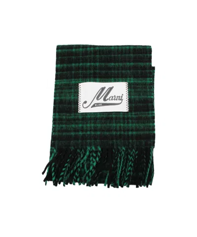 Marni Check-pattern Fringed Scarf In Green