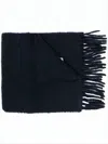 Marni Textured Alpaca Blend Scarf With Fringed Ends And Distinctive Patch In Blue
